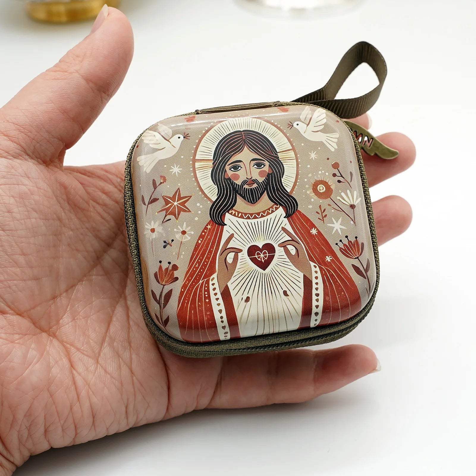 Virgin Mary & Jesus Rosary Box – 7x7cm Catholic Prayer Beads Storage Case