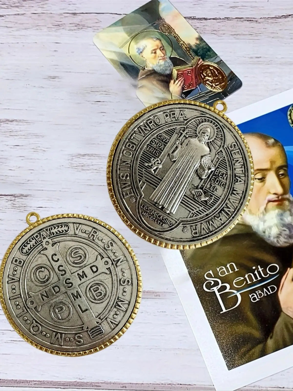 Extra Large St. Benedict Cross Medal Set (2-Pack) – 3” Vintage Brass Tone Protection Medals | Medalla de San Benito