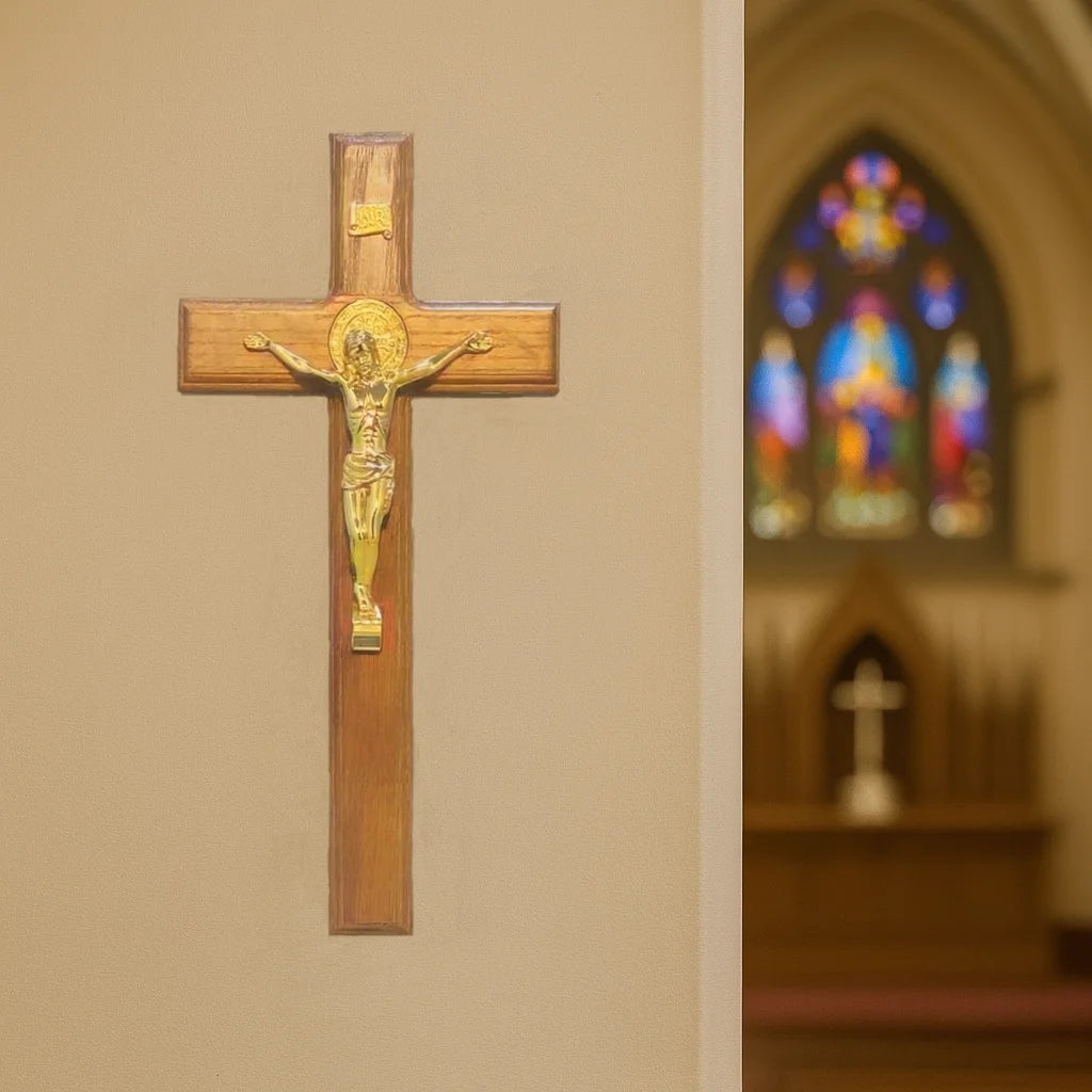 Standing Catholic Crucifix with Gold Jesus Corpus – Wooden Devotional Cross