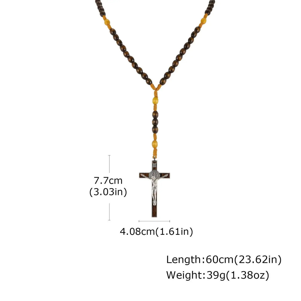 Catholic Wooden Rosary with St Benedict Crucifix – Brown Bead Prayer Necklace