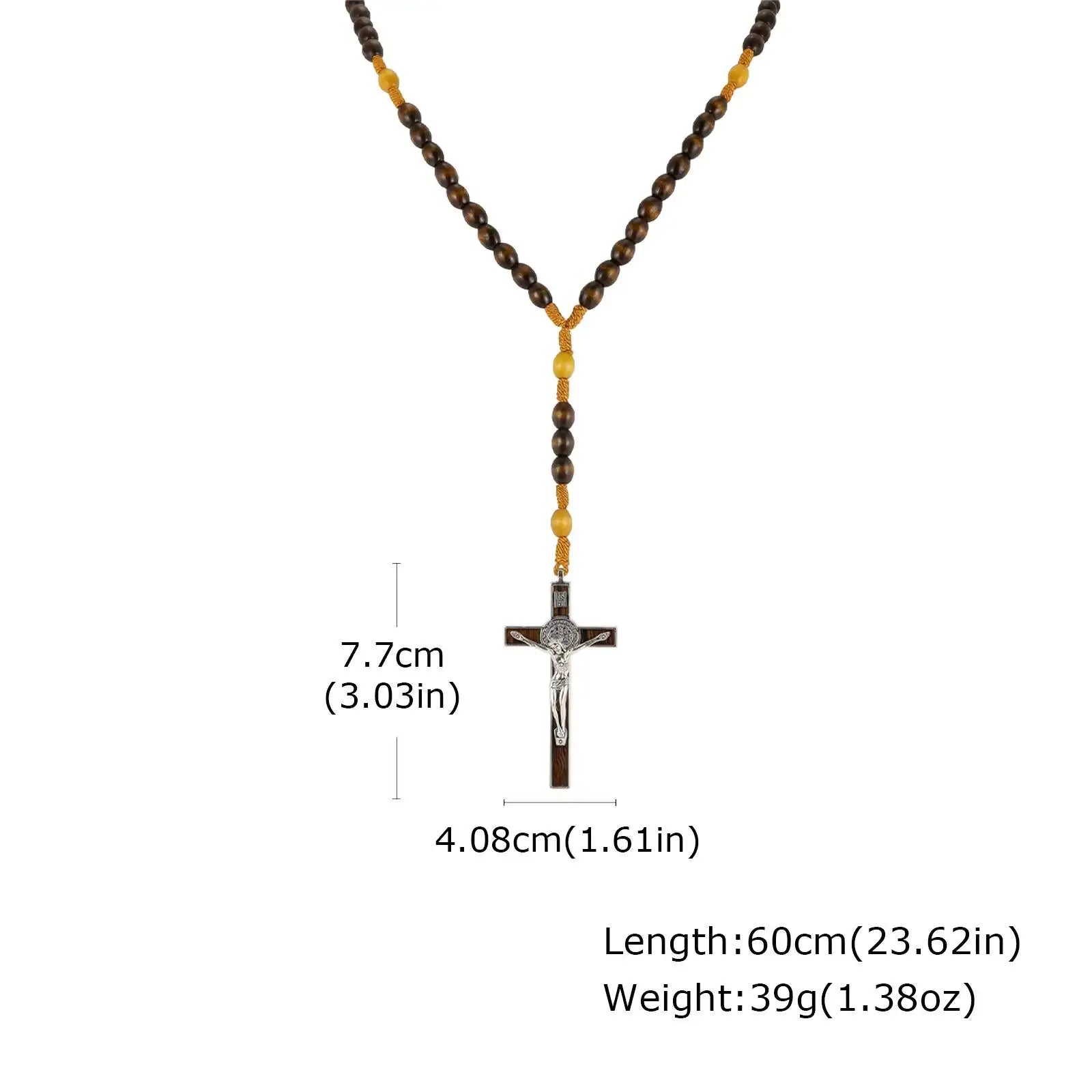 Catholic Wooden Rosary with St Benedict Crucifix – Brown Bead Prayer Necklace