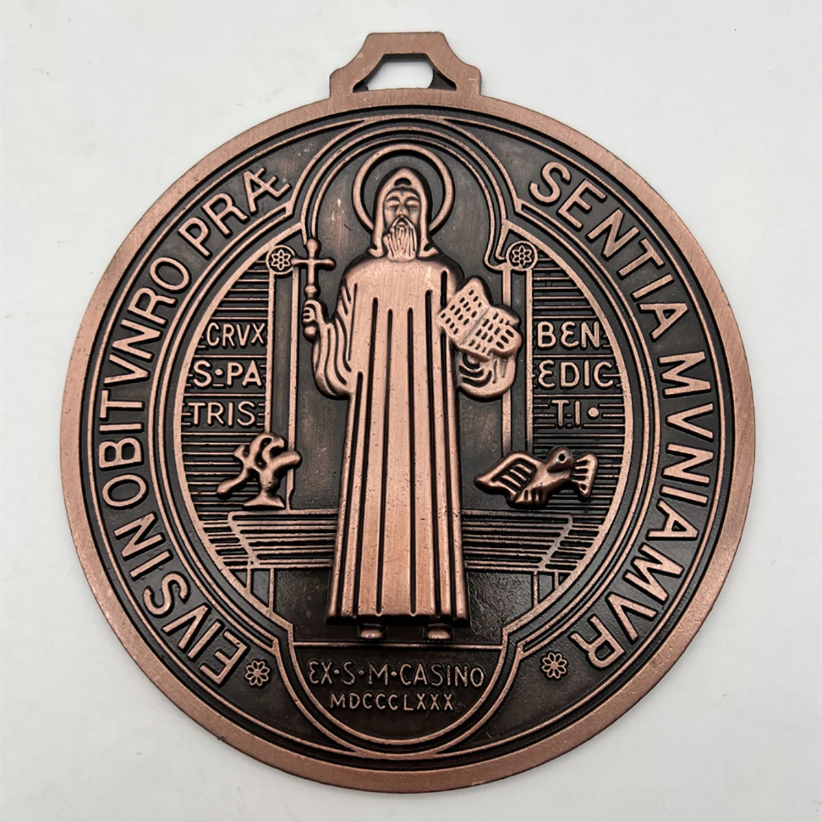 Extra-Large 5″ St. Benedict Cross Medal – Vintage Brass Tone Wall or Desk Display | Medalla de San Benito