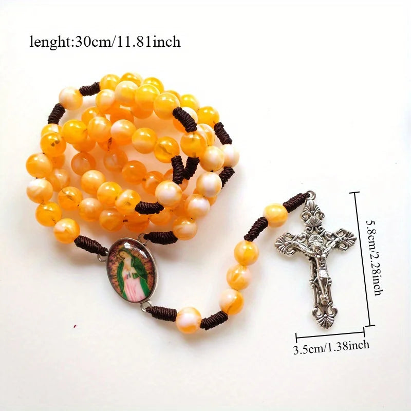 Catholic Virgin Mary Rosary Necklace – Hand Braided Rope Prayer Beads with Cross Pendant, Devotional Rosary Jewelry Gift