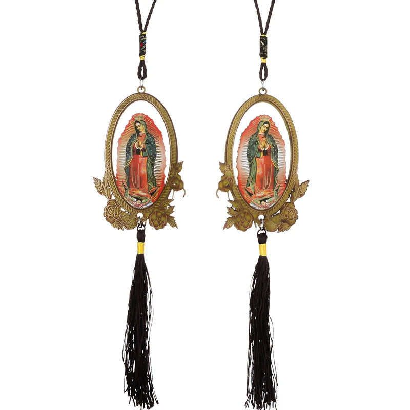 Our Lady of Guadalupe Wooden Pendant with Tassel – Christian Car Hanging Ornament, Keychain & Bag Accessory