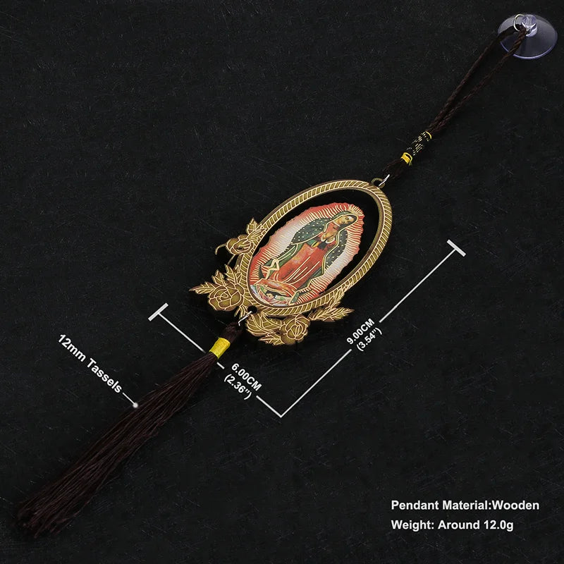 Our Lady of Guadalupe Wooden Pendant with Tassel – Christian Car Hanging Ornament, Keychain & Bag Accessory