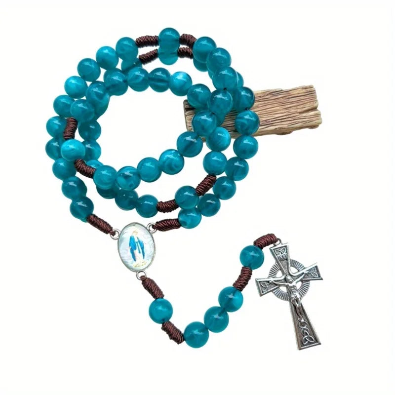 Catholic Rosary Necklace – Blue Glass Beads with Crucifix Charm Prayer Beads