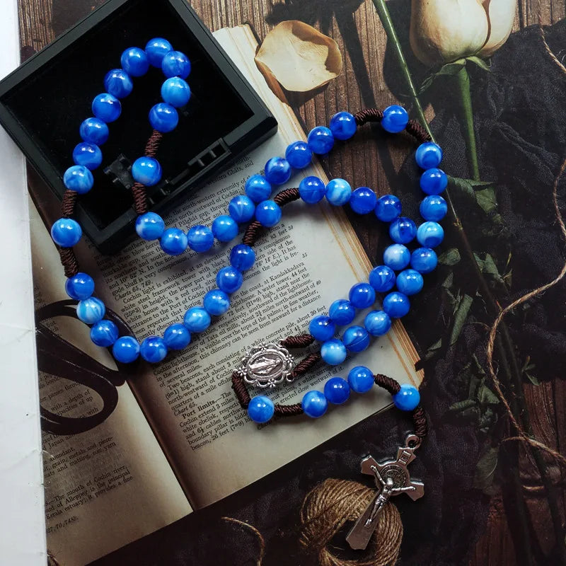 Catholic Virgin Mary Rosary Necklace – Hand Braided Rope Prayer Beads with Cross Pendant, Devotional Rosary Jewelry Gift