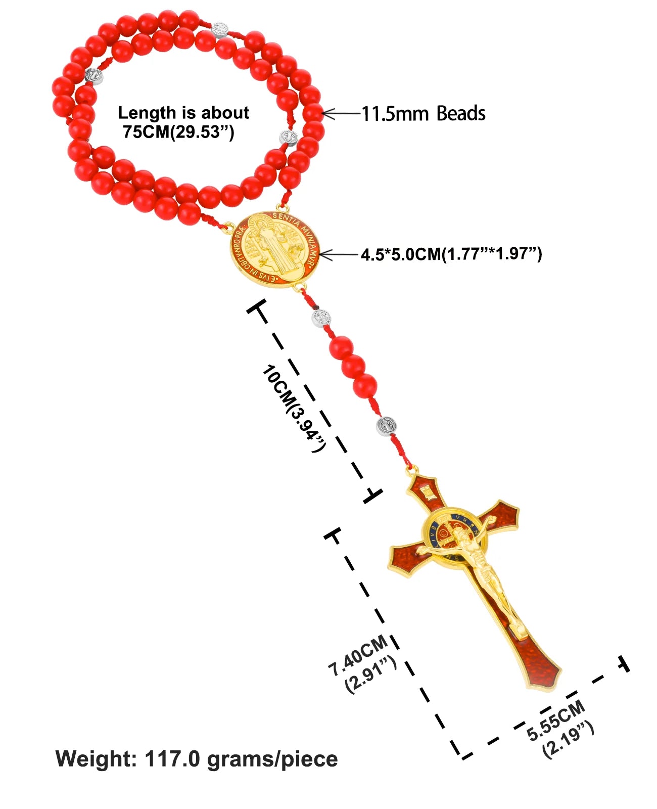 Saint Benedict Exorcism Crucifix Rosary Necklace – Large Cross with 33 Prayer Beads, Unisex Catholic Chaplet (6 Colors)