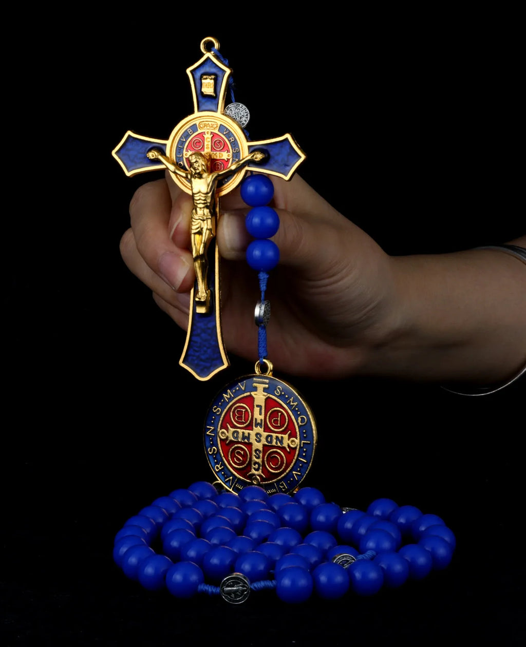 Saint Benedict Exorcism Crucifix Rosary Necklace – Large Cross with 33 Prayer Beads, Unisex Catholic Chaplet (6 Colors)