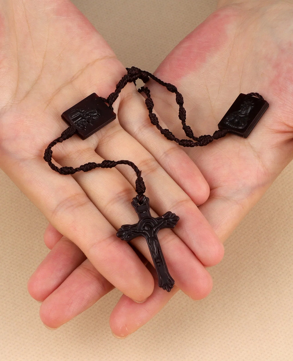 Our Lady of Mount Carmel Braided Scapular Rosary Necklace with Crucifix Cross – Catholic Devotional Protection Necklace (Unisex)