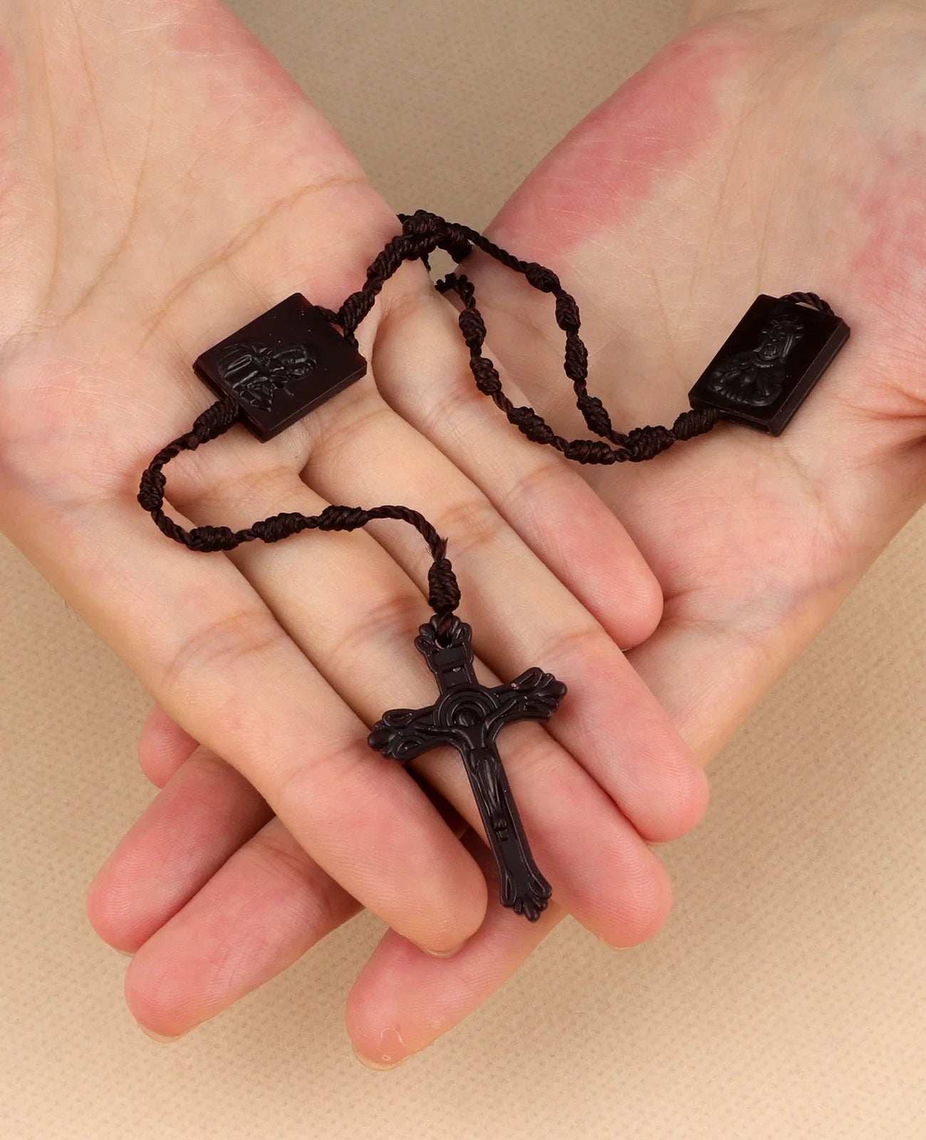 Our Lady of Mount Carmel Braided Scapular Rosary Necklace with Crucifix Cross – Catholic Devotional Protection Necklace (Unisex)