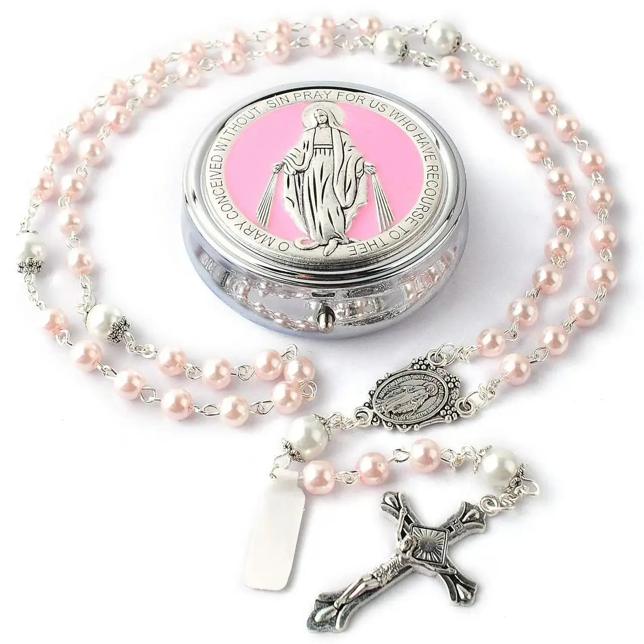 Virgin Mary Glass Pearl Necklace – Catholic First Communion Gift for Boys & Girls