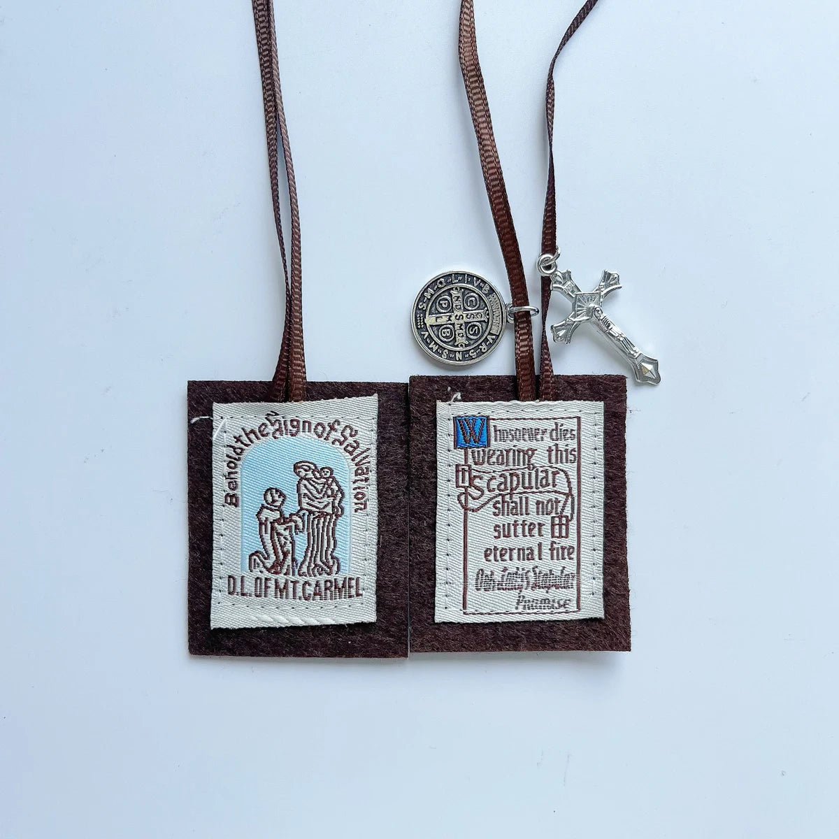 12-Pack Brown Scapular of Our Lady of Mount Carmel with St. Benedict Medal & Crucifix