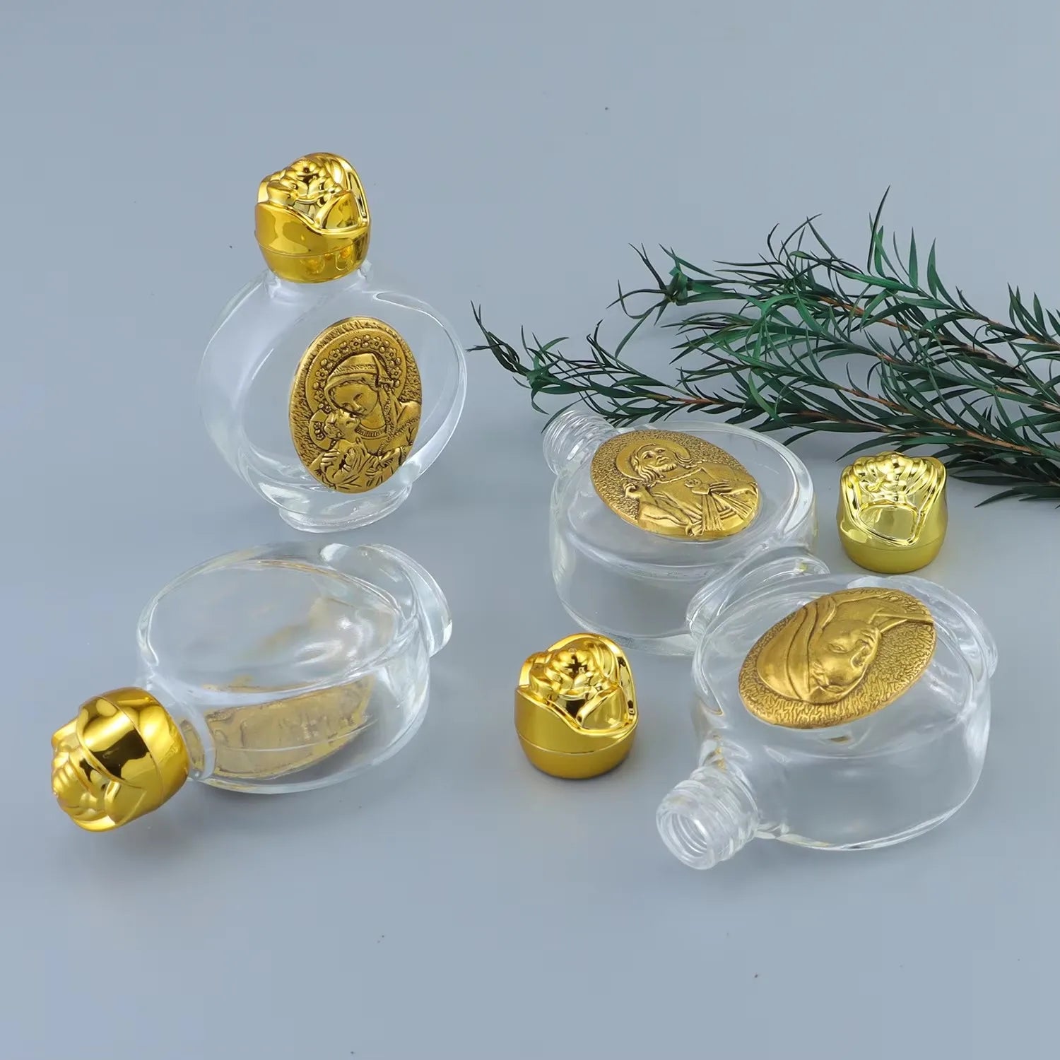 60ml Portable Holy Water Bottle – Gold Glass Catholic Bottle with Saint Michael, St Bendedict, Sacred Heart or Holy Mother