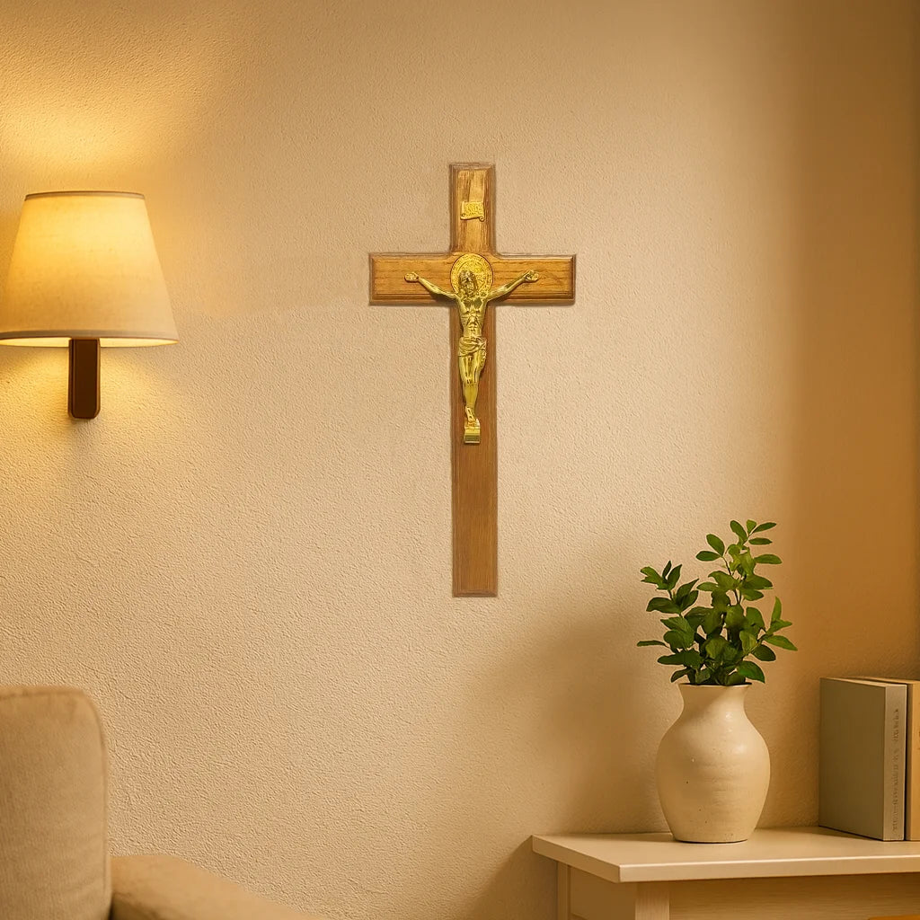 Standing Catholic Crucifix with Gold Jesus Corpus – Wooden Devotional Cross