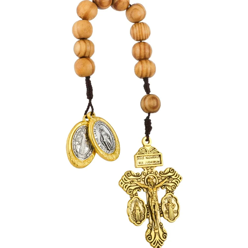 St Benedict Medal & Lady of the Miraculous Medal Crucifix Pocket Rosary – One Decade Handmade Wooden Beads Catholic Prayer Rosary Gift