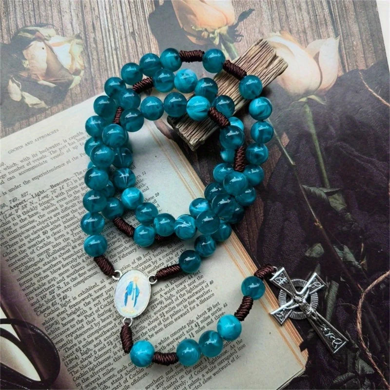 Catholic Rosary Necklace – Blue Glass Beads with Crucifix Charm Prayer Beads