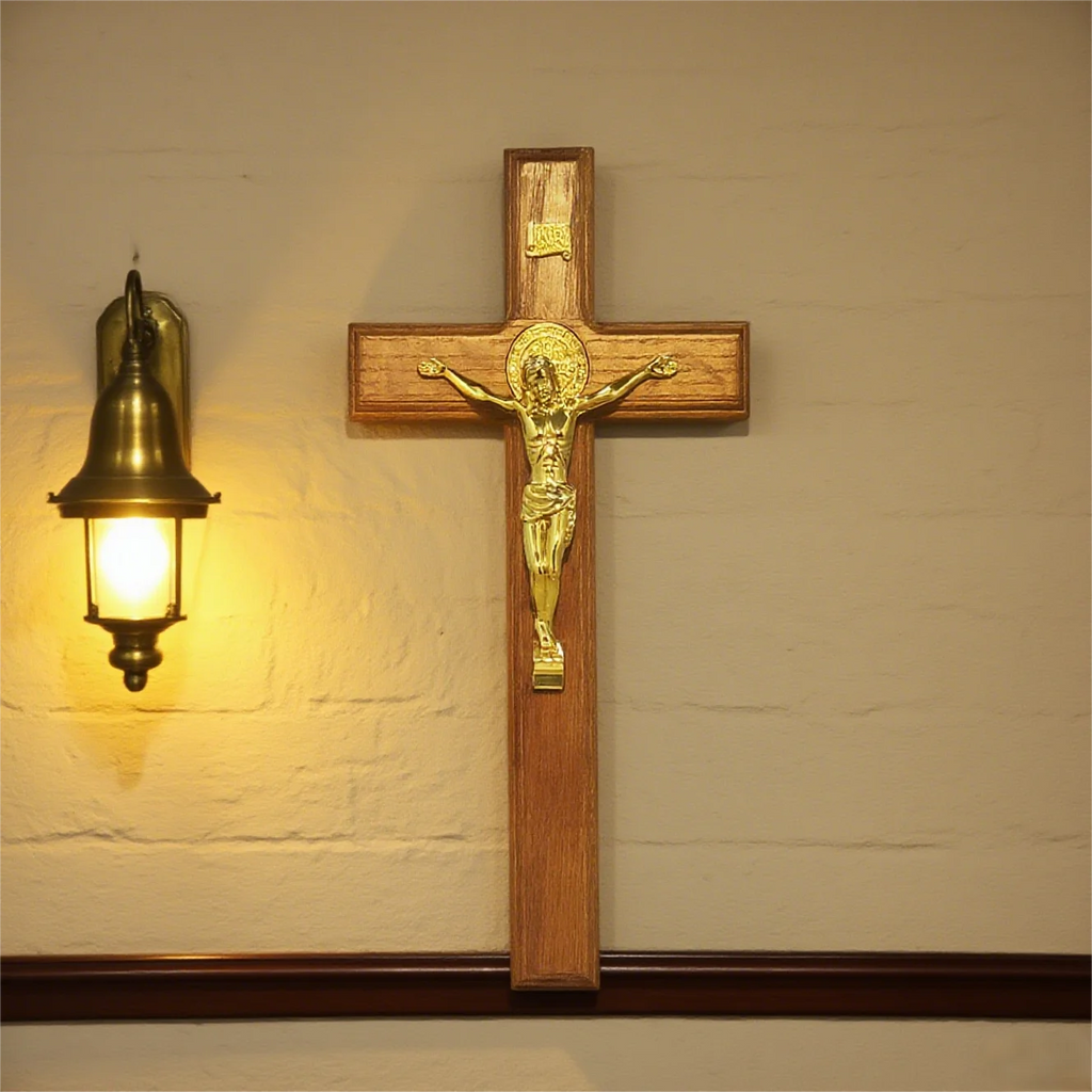 Standing Catholic Crucifix with Gold Jesus Corpus – Wooden Devotional Cross
