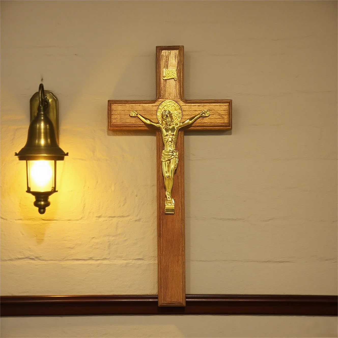 Standing Catholic Crucifix with Gold Jesus Corpus – Wooden Devotional Cross