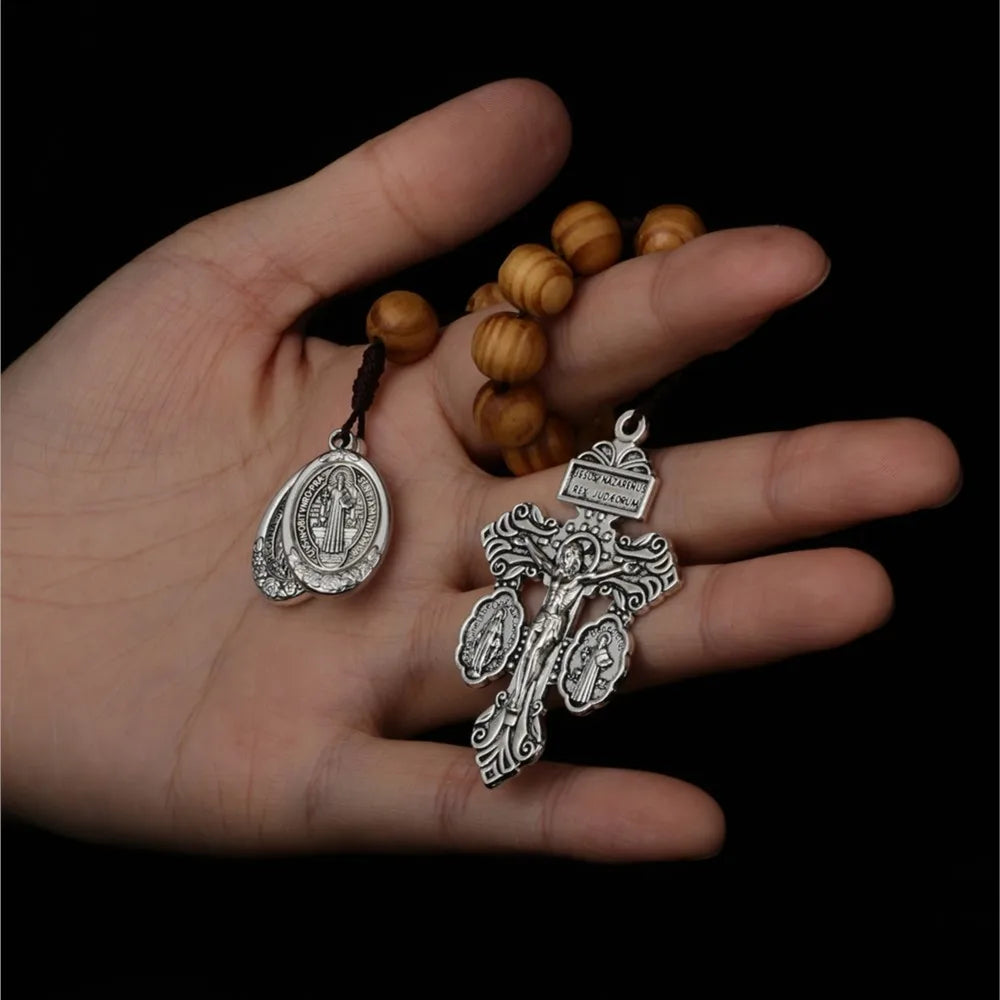 St Benedict Medal & Lady of the Miraculous Medal Crucifix Pocket Rosary – One Decade Handmade Wooden Beads Catholic Prayer Rosary Gift