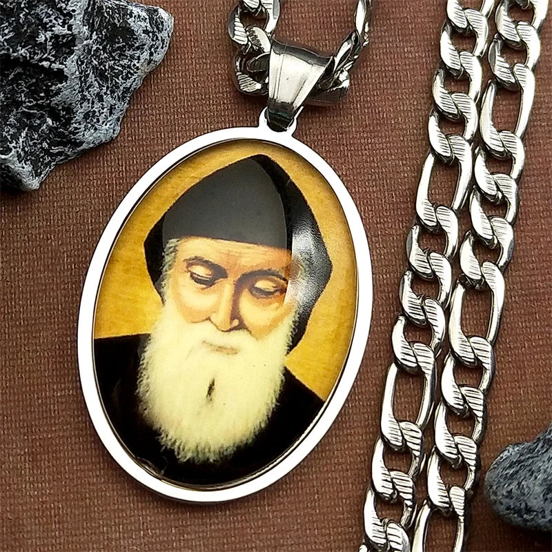 Saint Charbel Glass Medal Pendant Necklace – Gold-Tone Stainless Steel Catholic Protection Image (Unisex)