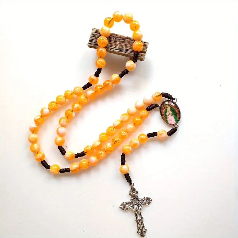 Catholic Virgin Mary Rosary Necklace – Hand Braided Rope Prayer Beads with Cross Pendant, Devotional Rosary Jewelry Gift