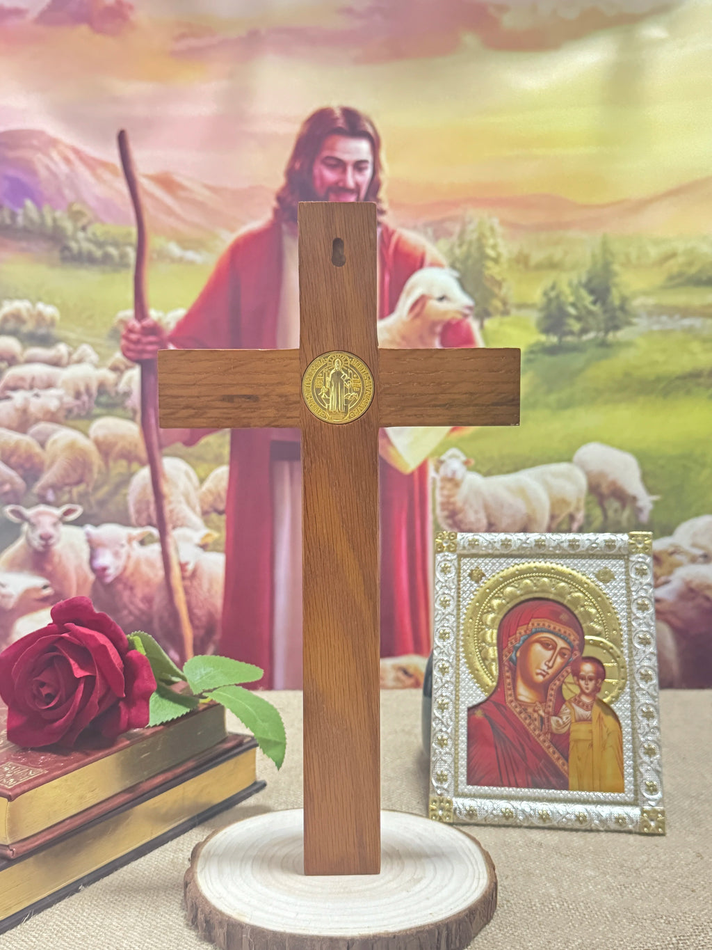 Standing Catholic Crucifix with Gold Jesus Corpus – Wooden Devotional Cross