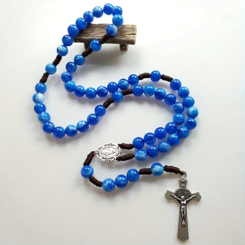 Catholic Virgin Mary Rosary Necklace – Hand Braided Rope Prayer Beads with Cross Pendant, Devotional Rosary Jewelry Gift