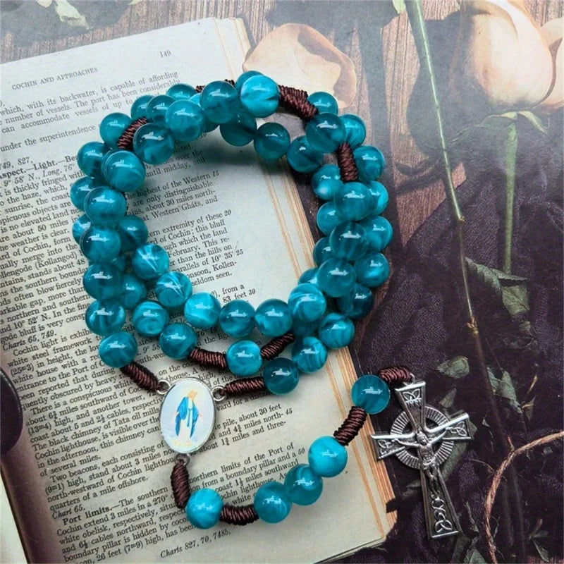 Catholic Rosary Necklace – Blue Glass Beads with Crucifix Charm Prayer Beads