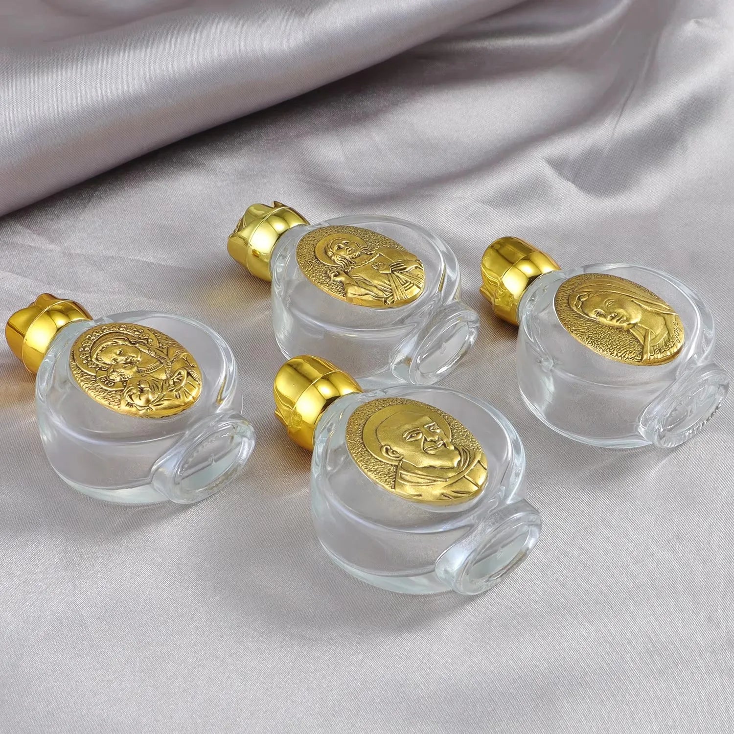 60ml Portable Holy Water Bottle – Gold Glass Catholic Bottle with Saint Michael, St Bendedict, Sacred Heart or Holy Mother