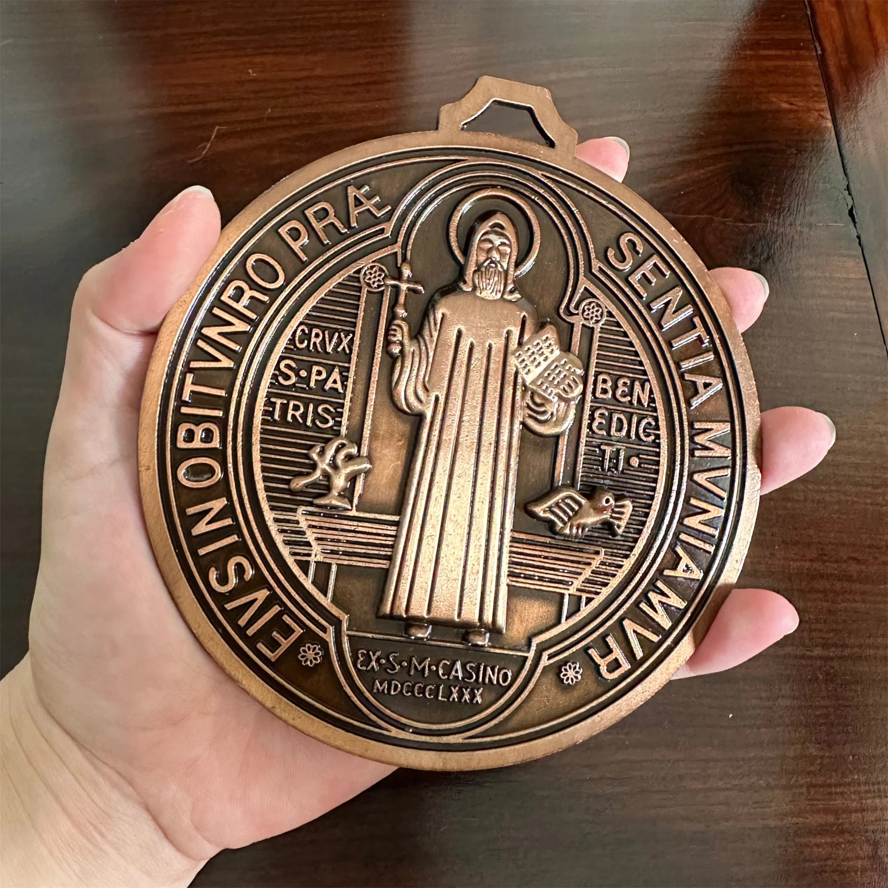 Extra-Large 5″ St. Benedict Cross Medal – Vintage Brass Tone Wall or Desk Display | Medalla de San Benito
