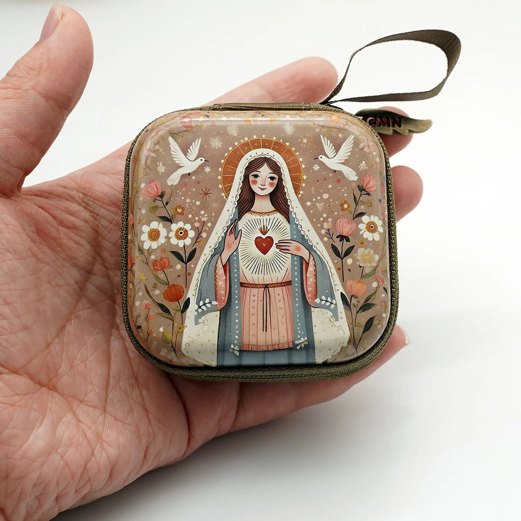 Virgin Mary & Jesus Rosary Box – 7x7cm Catholic Prayer Beads Storage Case