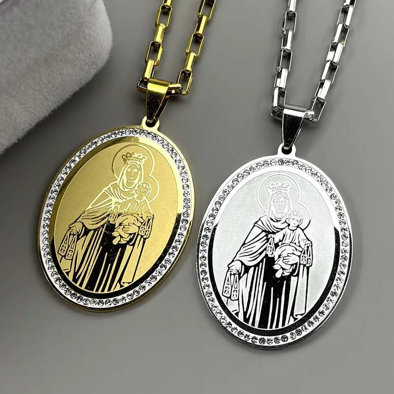 Our Lady of Mount Carmel Brown Scapular Medal – Gold–Silver Tone Stainless Steel Catholic Necklace for Men & Women