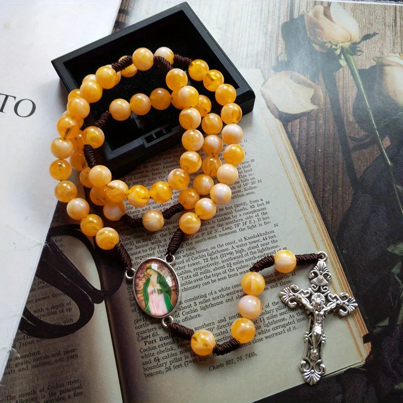Catholic Virgin Mary Rosary Necklace – Hand Braided Rope Prayer Beads with Cross Pendant, Devotional Rosary Jewelry Gift