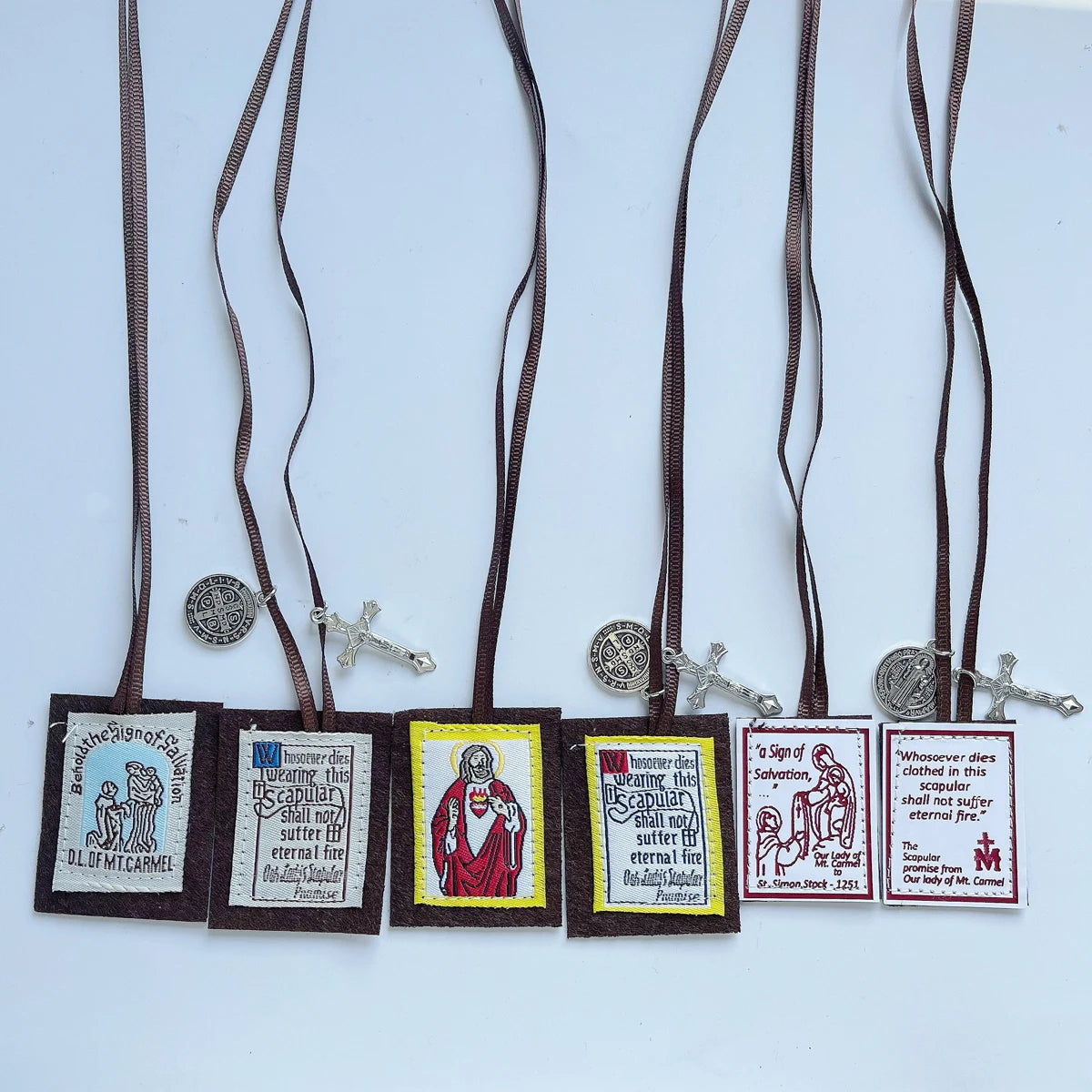 12-Pack Brown Scapular of Our Lady of Mount Carmel with St. Benedict Medal & Crucifix
