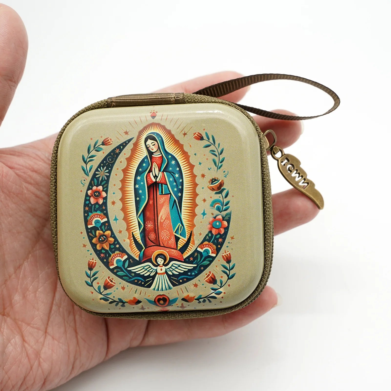 Virgin Mary & Jesus Rosary Box – 7x7cm Catholic Prayer Beads Storage Case