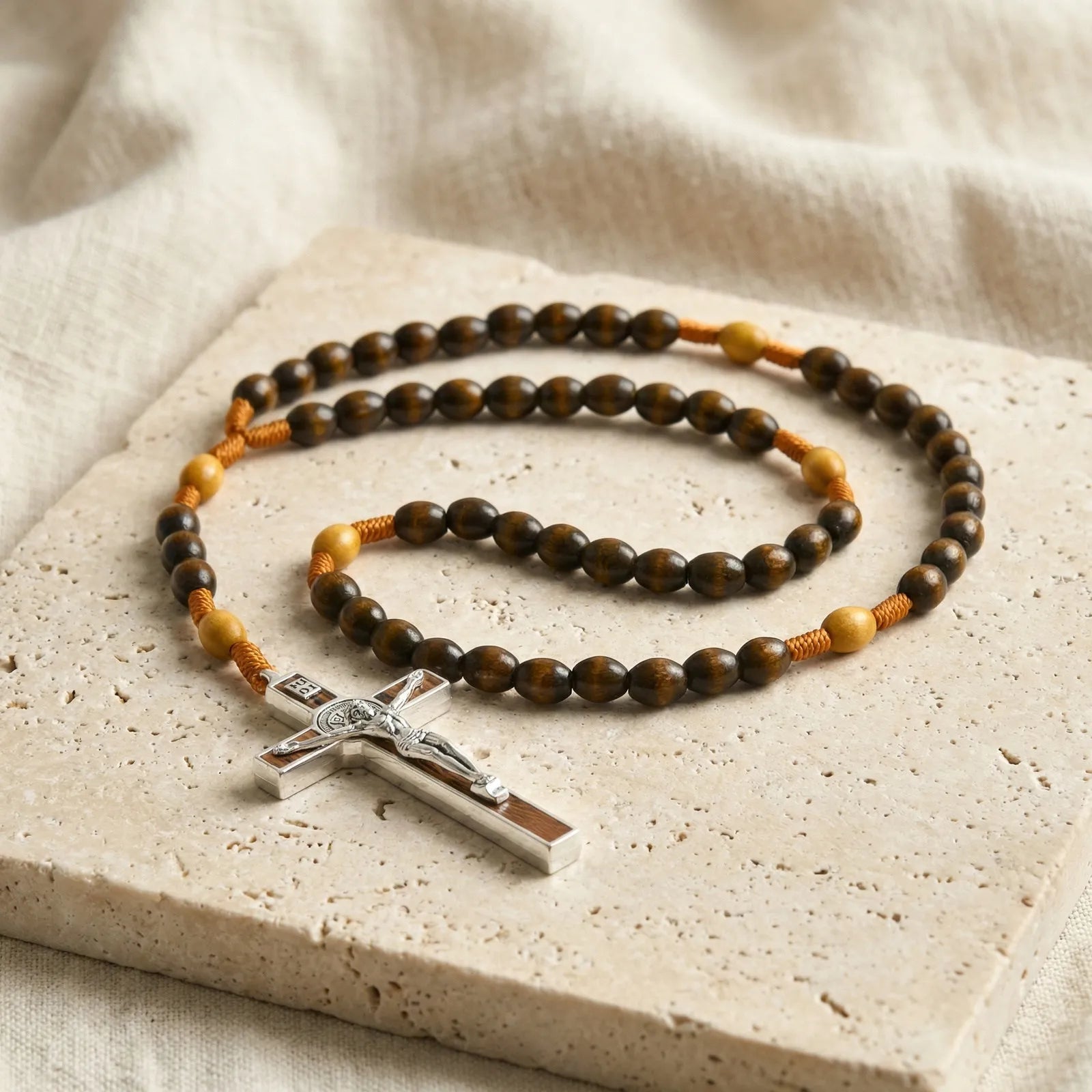 Catholic Wooden Rosary with St Benedict Crucifix – Brown Bead Prayer Necklace