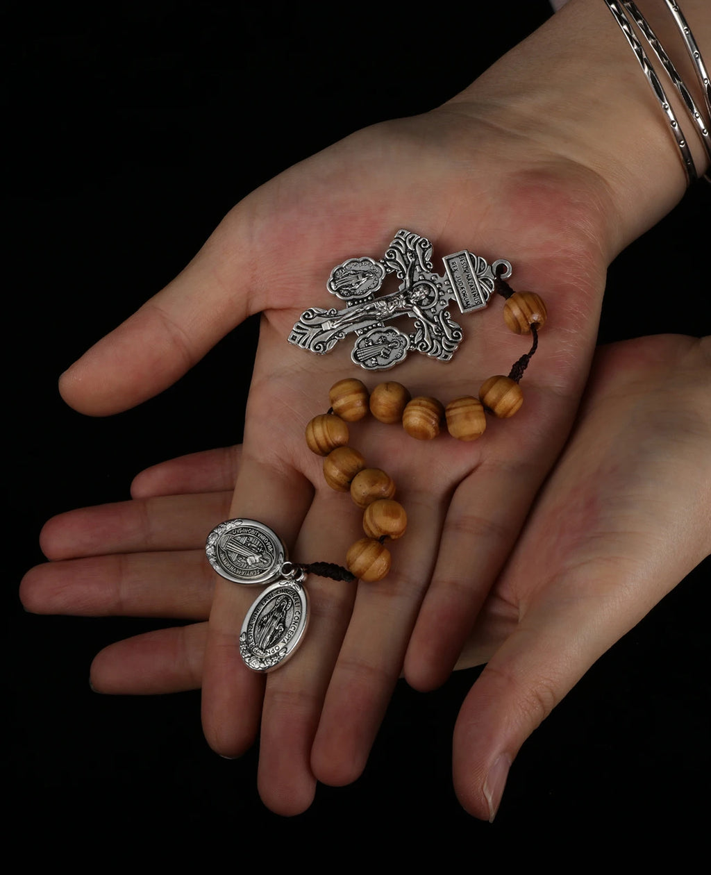 St Benedict Medal & Lady of the Miraculous Medal Crucifix Pocket Rosary – One Decade Handmade Wooden Beads Catholic Prayer Rosary Gift