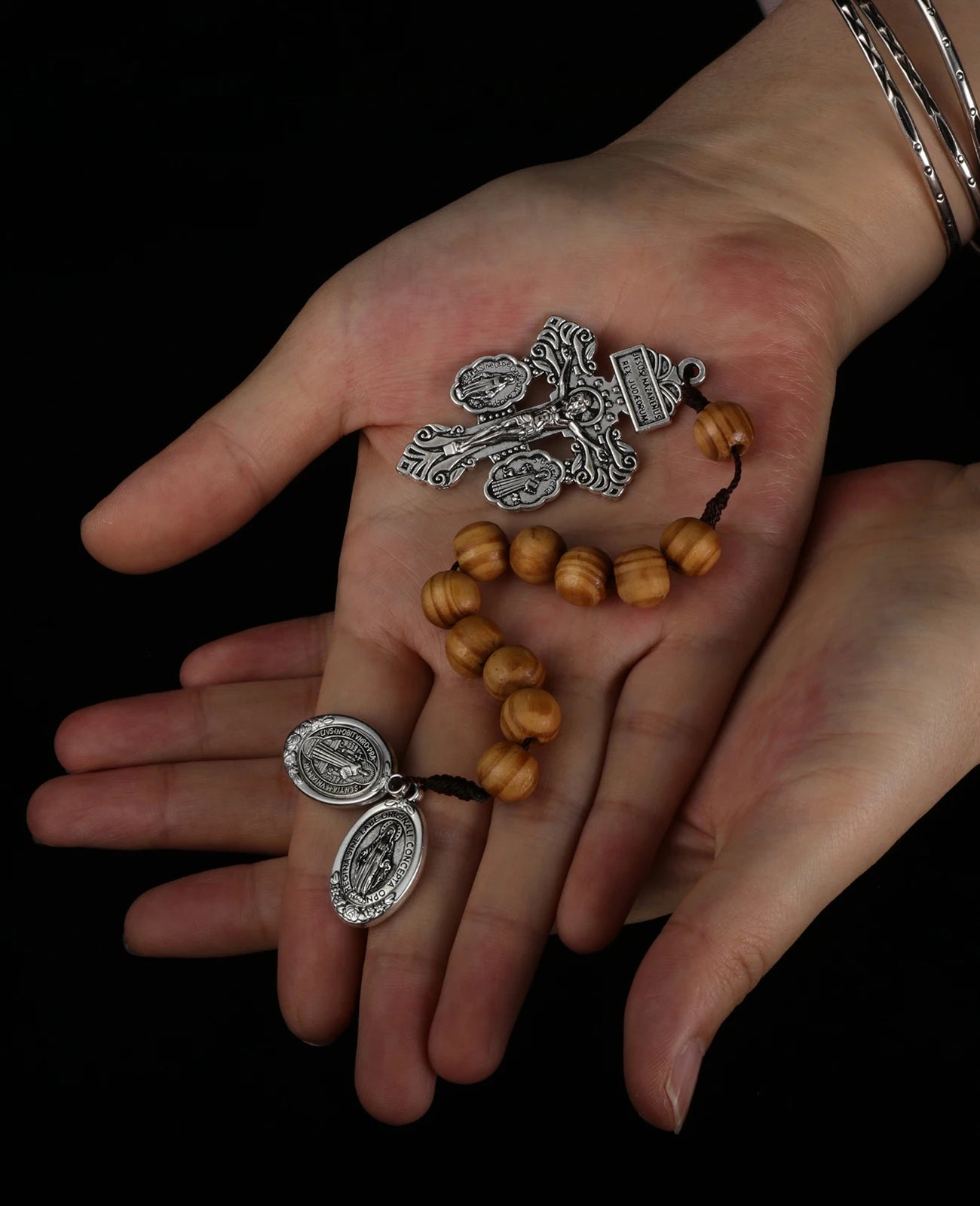 St Benedict Medal & Lady of the Miraculous Medal Crucifix Pocket Rosary – One Decade Handmade Wooden Beads Catholic Prayer Rosary Gift