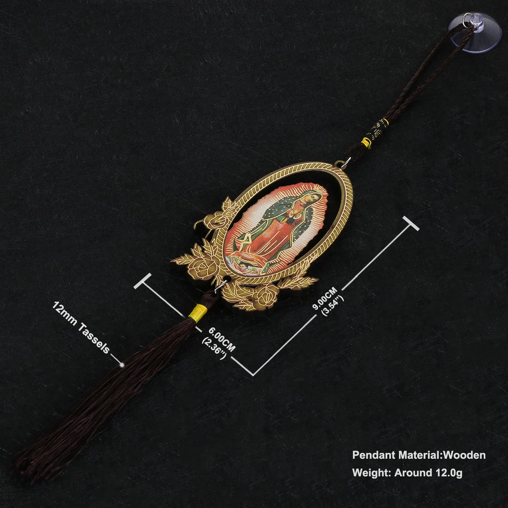 Our Lady of Guadalupe Wooden Pendant with Tassel – Christian Car Hanging Ornament, Keychain & Bag Accessory