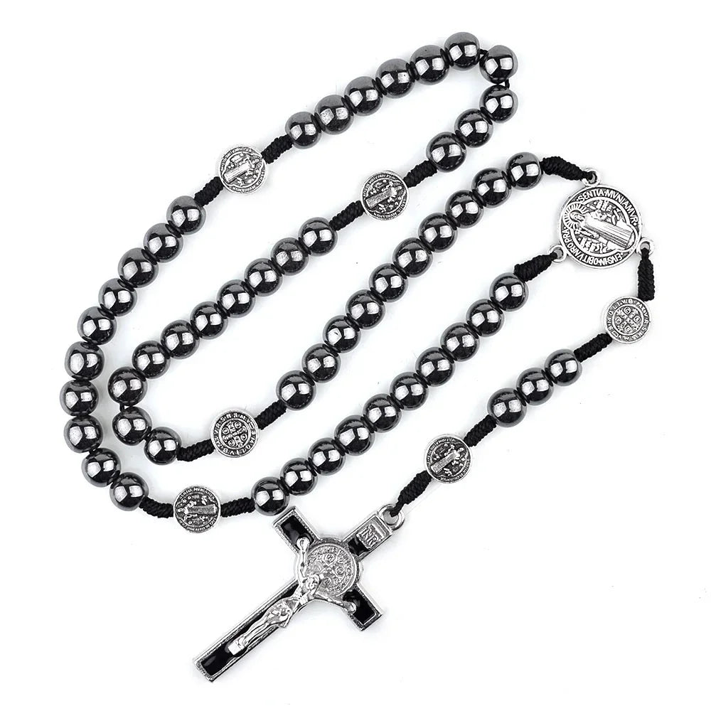 Black Hematite Rosary with Saint Benedict Medal and Crucifix – Catholic Devotional