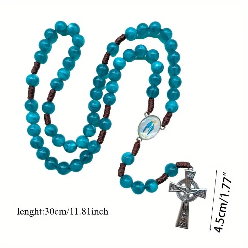 Catholic Rosary Necklace – Blue Glass Beads with Crucifix Charm Prayer Beads