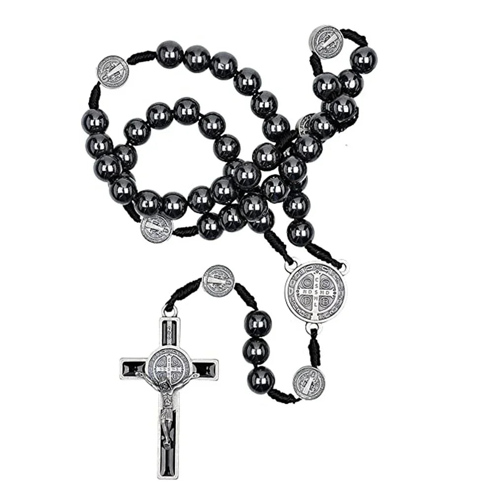 Black Hematite Rosary with Saint Benedict Medal and Crucifix – Catholic Devotional