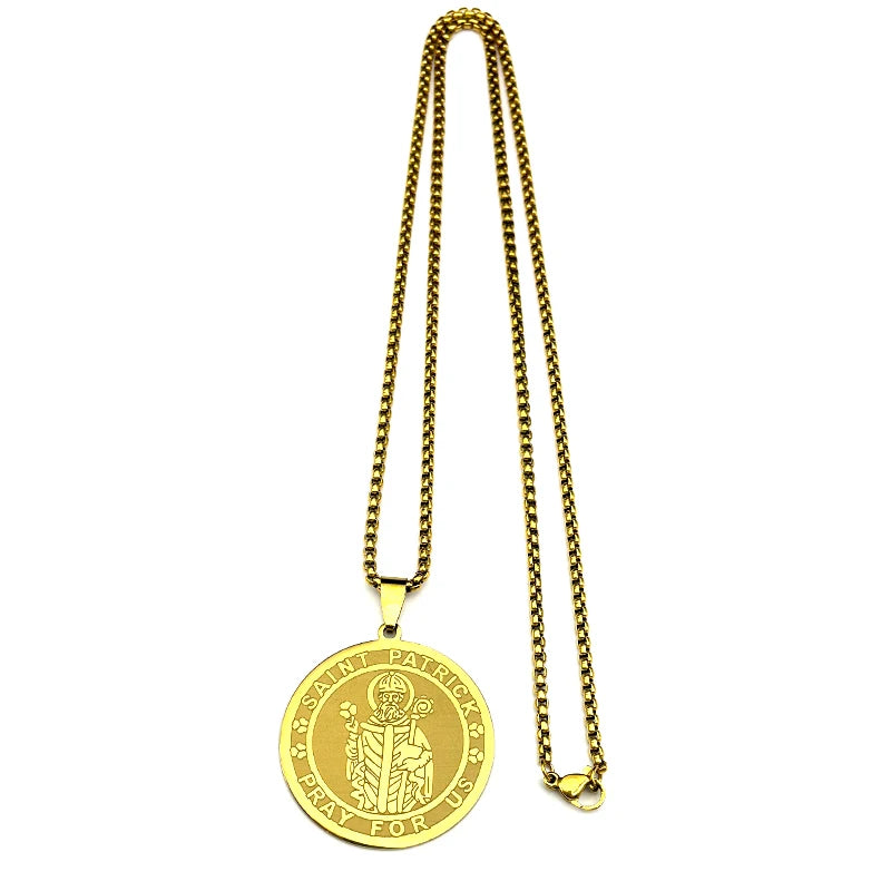 Saint Patrick “Pray for Us” Medal Necklace – Stainless Steel Gold-Tone Catholic Pendant, Patron Saint of Ireland, Unisex 60cm Chain