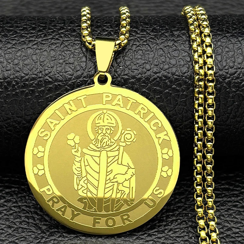 Saint Patrick “Pray for Us” Medal Necklace – Stainless Steel Gold-Tone Catholic Pendant, Patron Saint of Ireland, Unisex 60cm Chain