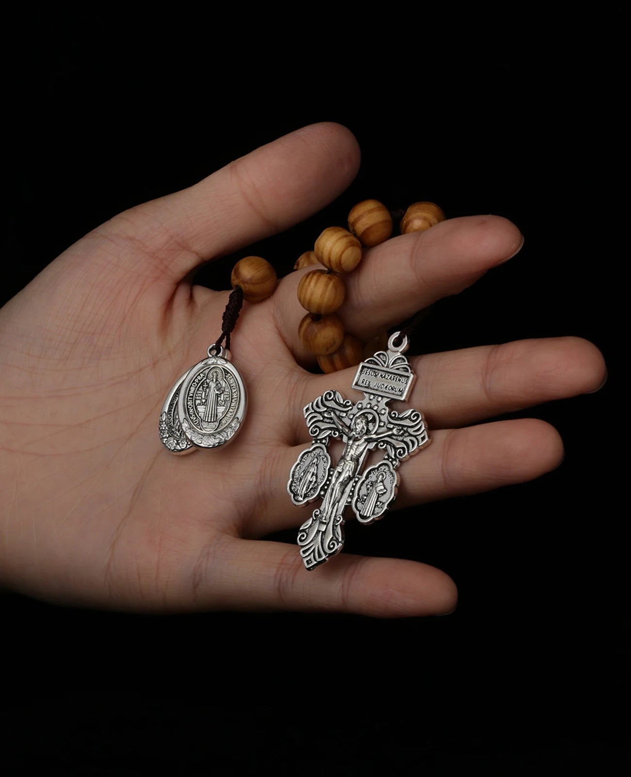 St Benedict Medal & Lady of the Miraculous Medal Crucifix Pocket Rosary – One Decade Handmade Wooden Beads Catholic Prayer Rosary Gift
