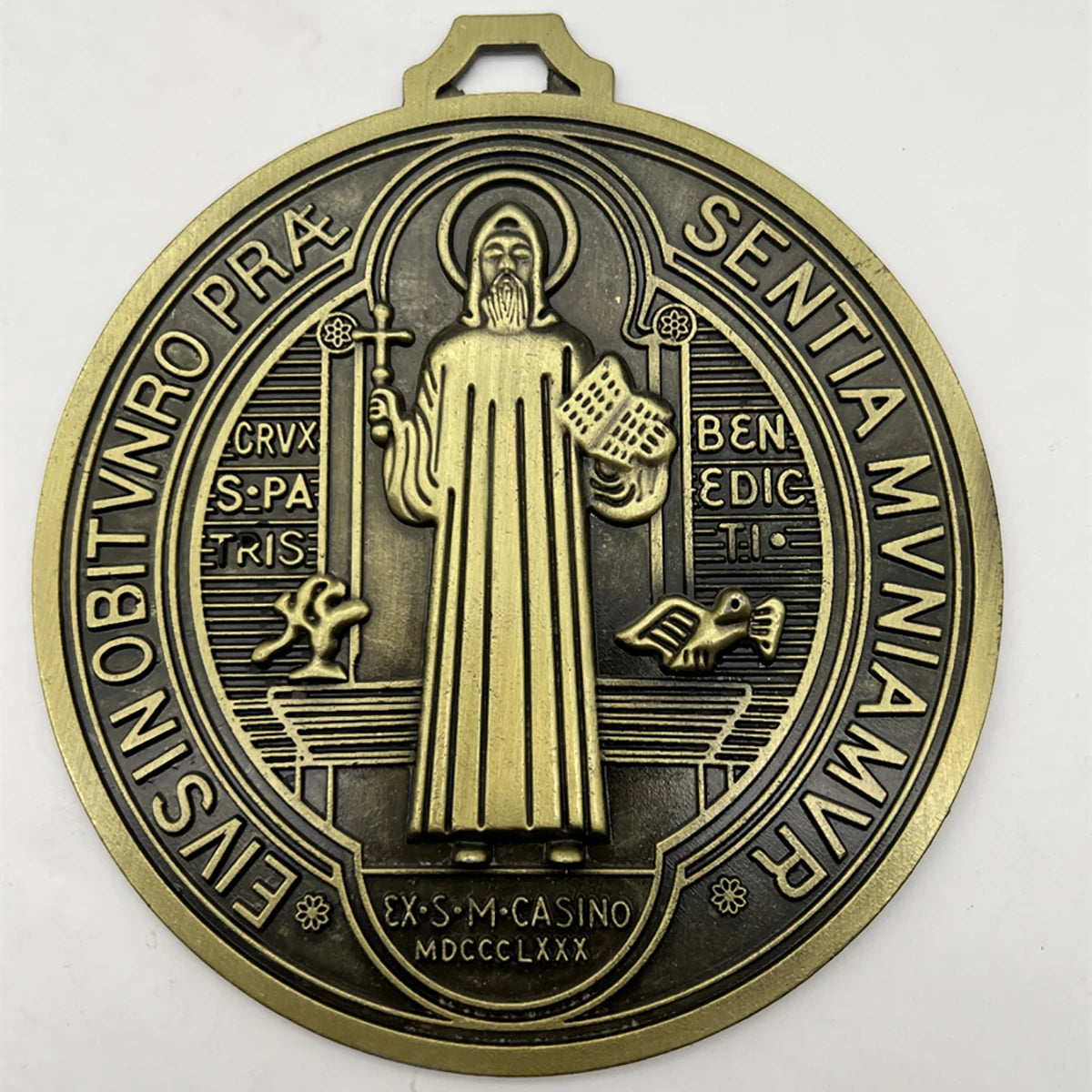 Extra-Large 5″ St. Benedict Cross Medal – Vintage Brass Tone Wall or Desk Display | Medalla de San Benito