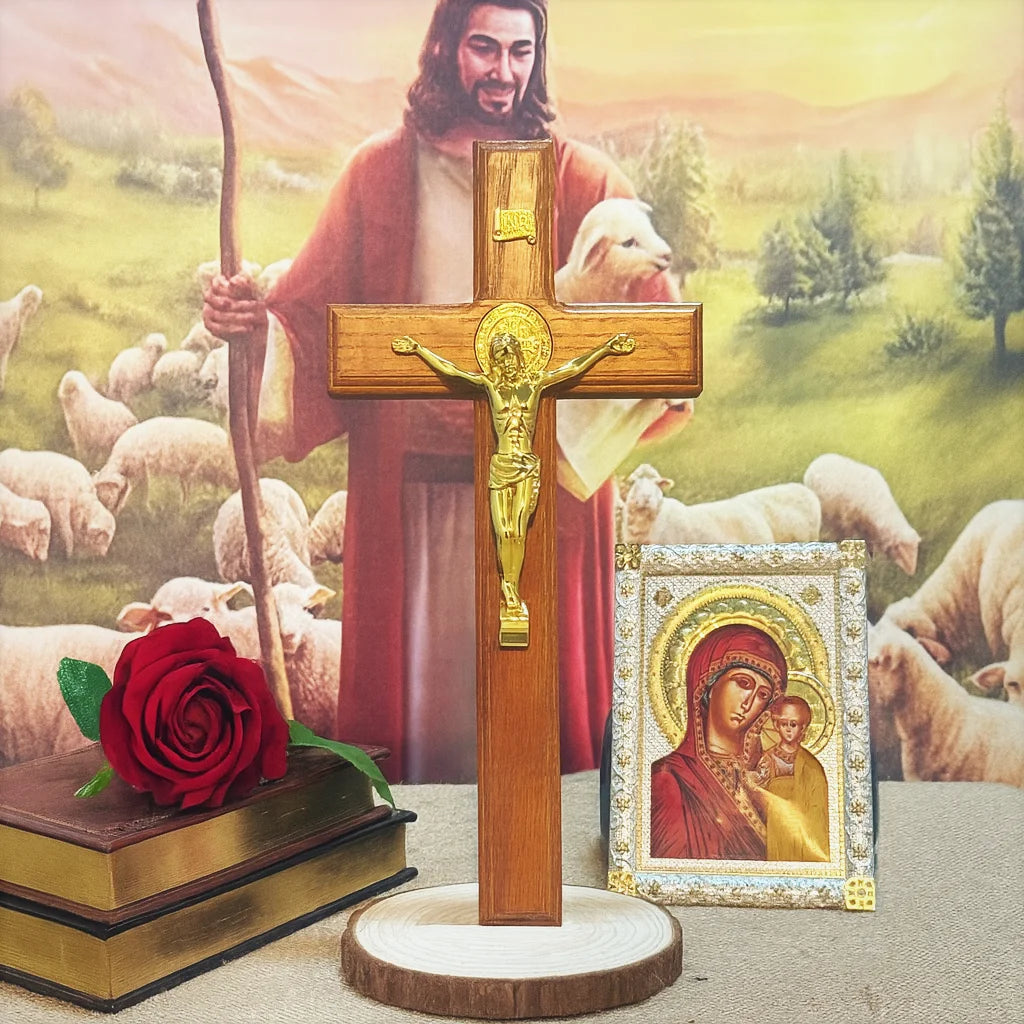 Standing Catholic Crucifix with Gold Jesus Corpus – Wooden Devotional Cross