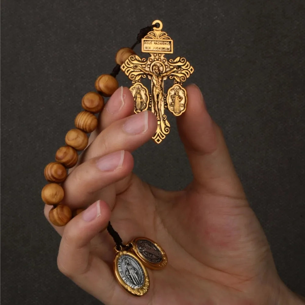 St Benedict Medal & Lady of the Miraculous Medal Crucifix Pocket Rosary – One Decade Handmade Wooden Beads Catholic Prayer Rosary Gift