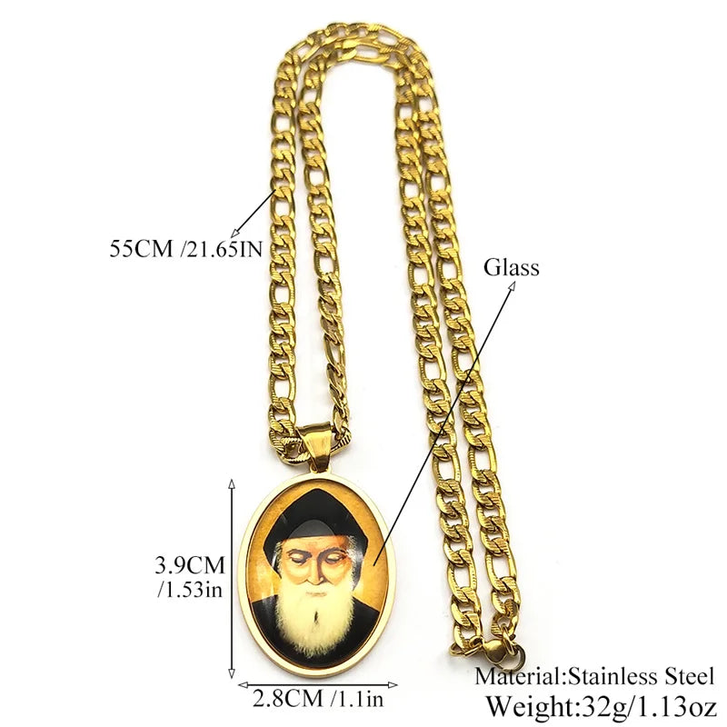 Saint Charbel Glass Medal Pendant Necklace – Gold-Tone Stainless Steel Catholic Protection Image (Unisex)